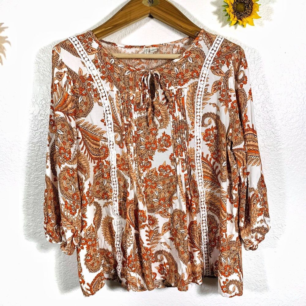Cato Est Orange Brown White Floral Puffy Sleeve Peasant Blouse Size Large Womens
